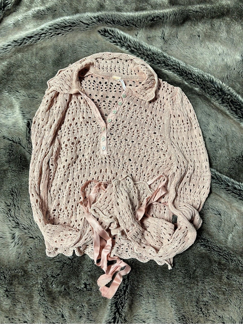 Free People Crochet Knit Tie-Front Cardigan in Pink Size Small